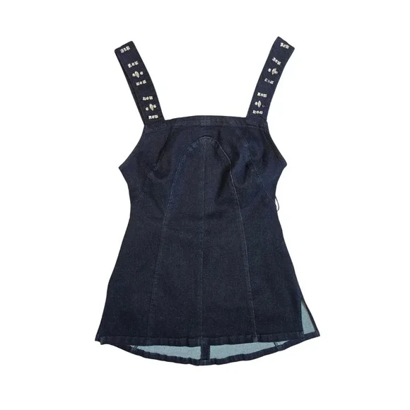 FREE People Decked In Shine Rhinestone Denim Open Back Top Size S NWT - Picture 4 of 8